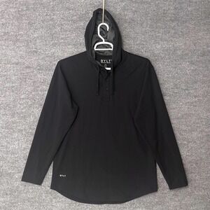 BYLT Premium Basics Lux Henley Hoodie Mens Large Black Long Sleeve Curved Hem